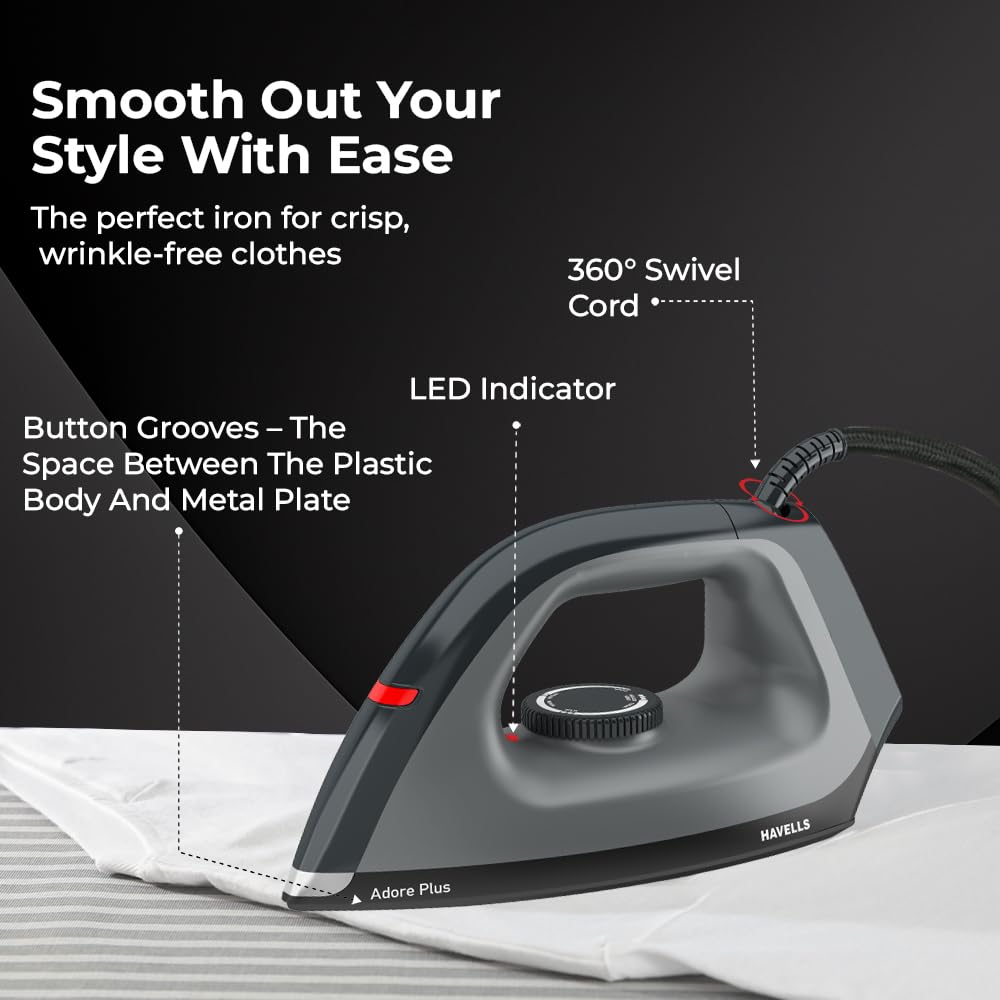 Havells Dry Iron Adore Plus 1100 Watts, Iron Press, Greblon Non Sick Soleplate with German Technology, Shock Proof Body, Aerodynamic Design, 360° Swivel Cord, 2 Year Manufacturer Warranty (Black)