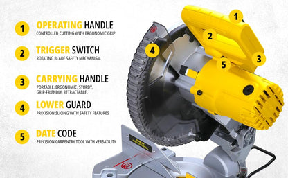 STANLEY SM16-IN 1650W 10" Compound Mitre Saw, 4800 RPM, Compact Size and Lightweight 254mm Blade Diameter+ 1 Year Warranty, (Yellow and Black)