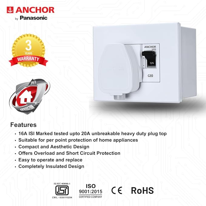 Anchor by Panasonic 20 Amp Modular AC Box with Single Pole MCB enclosure and Heavy Duty ISI 3 Pin Plug Top