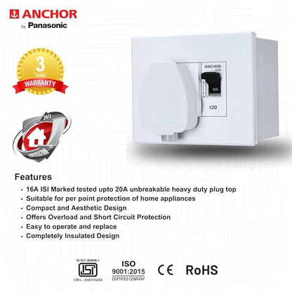 Anchor by Panasonic 20 Amp Modular AC Box with Single Pole MCB enclosure and Heavy Duty ISI 3 Pin Plug Top