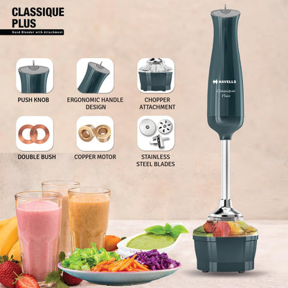 Havells Classique Plus Hand Blender | 300W Powerful Motor | Includes Chopper Attachment | One -push Operation | ABS Body | 2 Year Warranty (Cyan)