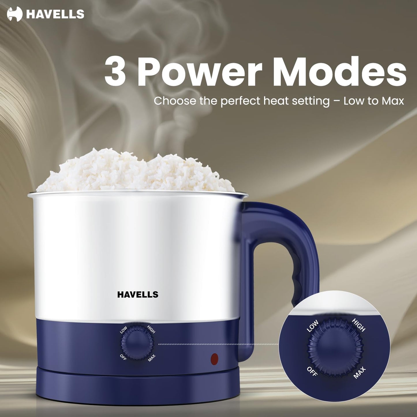 Havells Steamor Multicook Kettle | 1.2 L Capacity | Food Grade Body with Cool Touch Handle | Multiple Steaming Attachments | Double Safety Protection | 3 Temperature Modes(Blue)