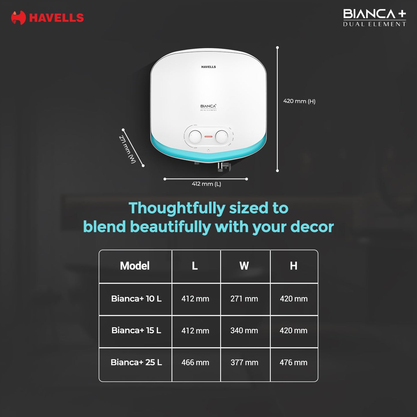 Havells All New Bianca+ 10L 5 Star 3-in-1 Convertible Storage Water Heater(Geyser)|Dual Element|33% Fast Heating|Shock Safe Plug|7 Year Tank & 5 Year element Warranty|Free Installation & Flexi pipe