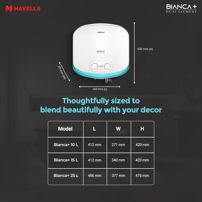 Havells All New Bianca+ 10L 5 Star 3-in-1 Convertible Storage Water Heater(Geyser)|Dual Element|33% Fast Heating|Shock Safe Plug|7 Year Tank & 5 Year element Warranty|Free Installation & Flexi pipe