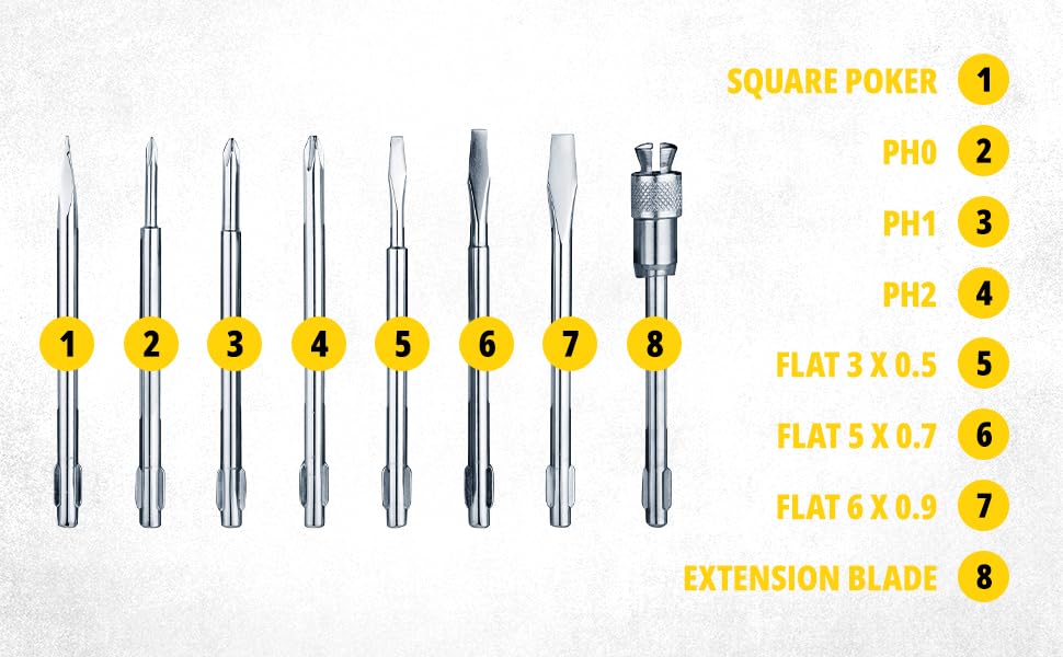 STANLEY STHT60573-8B 8 Pcs Screwdriver Set With 3 Phillips & 3 Flat Tips, 1 Square Poker & 1 Extension Blade- Multi-Purpose Tool Screwdriver Set, Ideal for Home, DIY & Professional Fastening Purposes