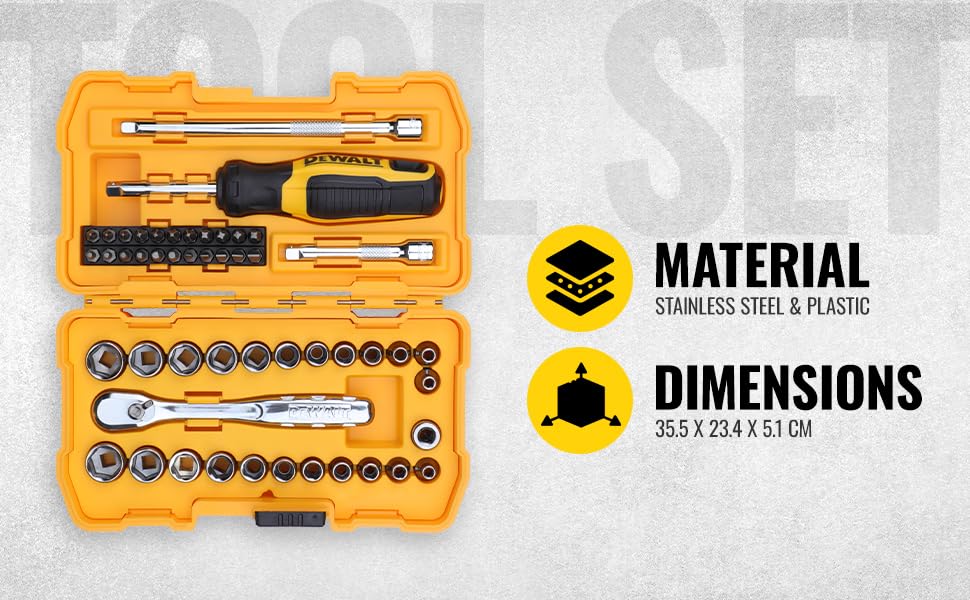 DEWALT DWMT81610-0 1/4" 50-Piece Drive Mechanics Tool Set with Anti-Corrosion Properties & Knurled Grip Control for Home, DIY & Professional Use, YELLOW & BLACK