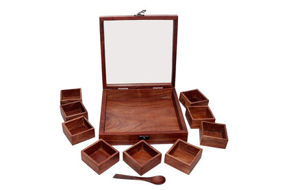 Udaipur Handicrafts Spice Box Containers & Spoon In Sheesham Wood - Wooden Spice Box Set For Kitchen Masala Spice Boxes Masala Dhaniya  Namak Dani Dabba
