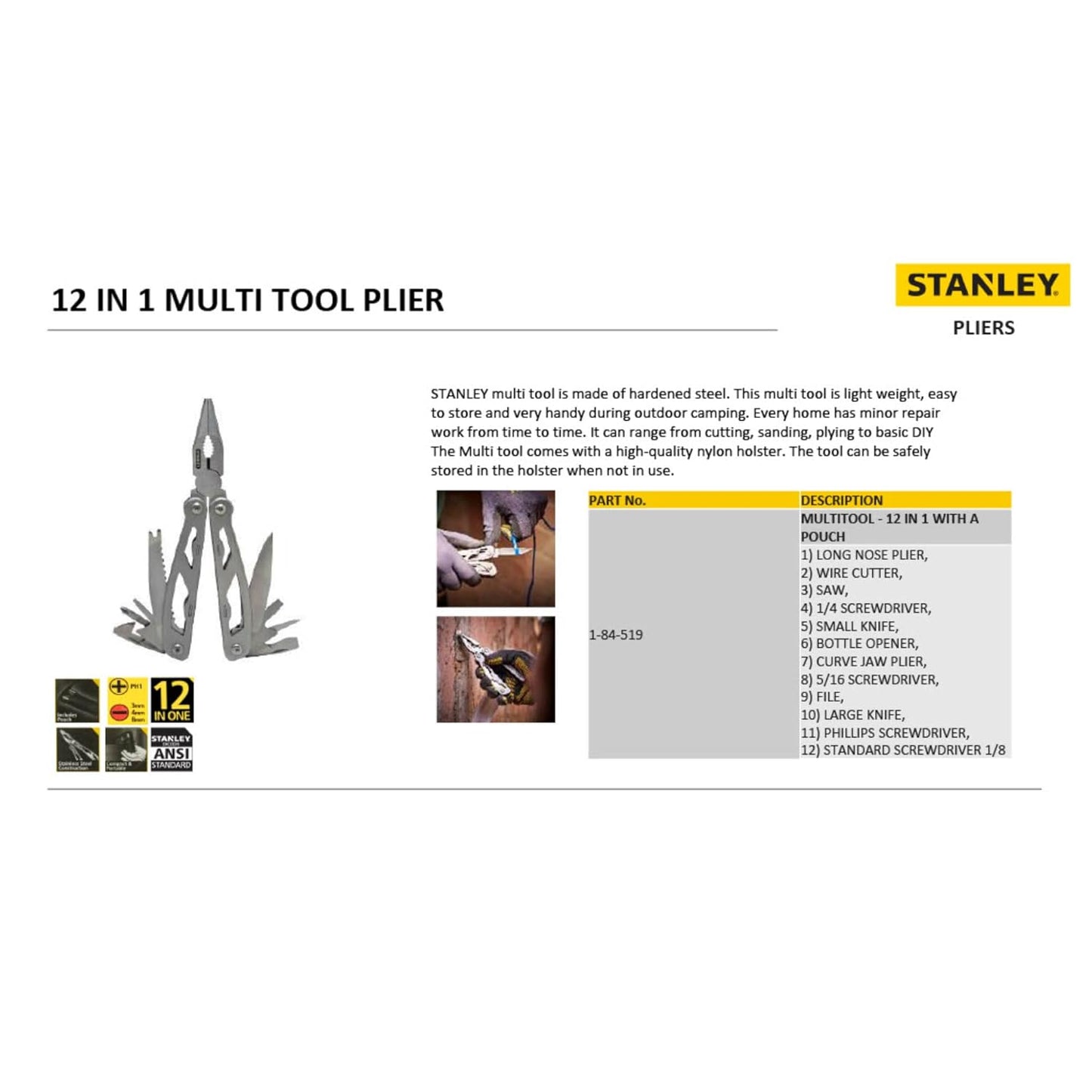 STANLEY 1-84-519 12-in-1 Multi Tool-Ideal Tool for Home, Car, Bikes, Camping, Outdoor Activity
