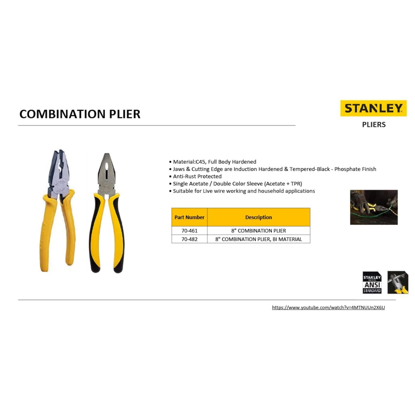 STANLEY 70-482 8'' Sturdy Steel Combination Plier Double Color Sleeve, Anti-Rust, Black Phosphate Finish, Material: C45, Full Body Hardened, Used for Gripping, Twisting, Bending and Wire Cutting