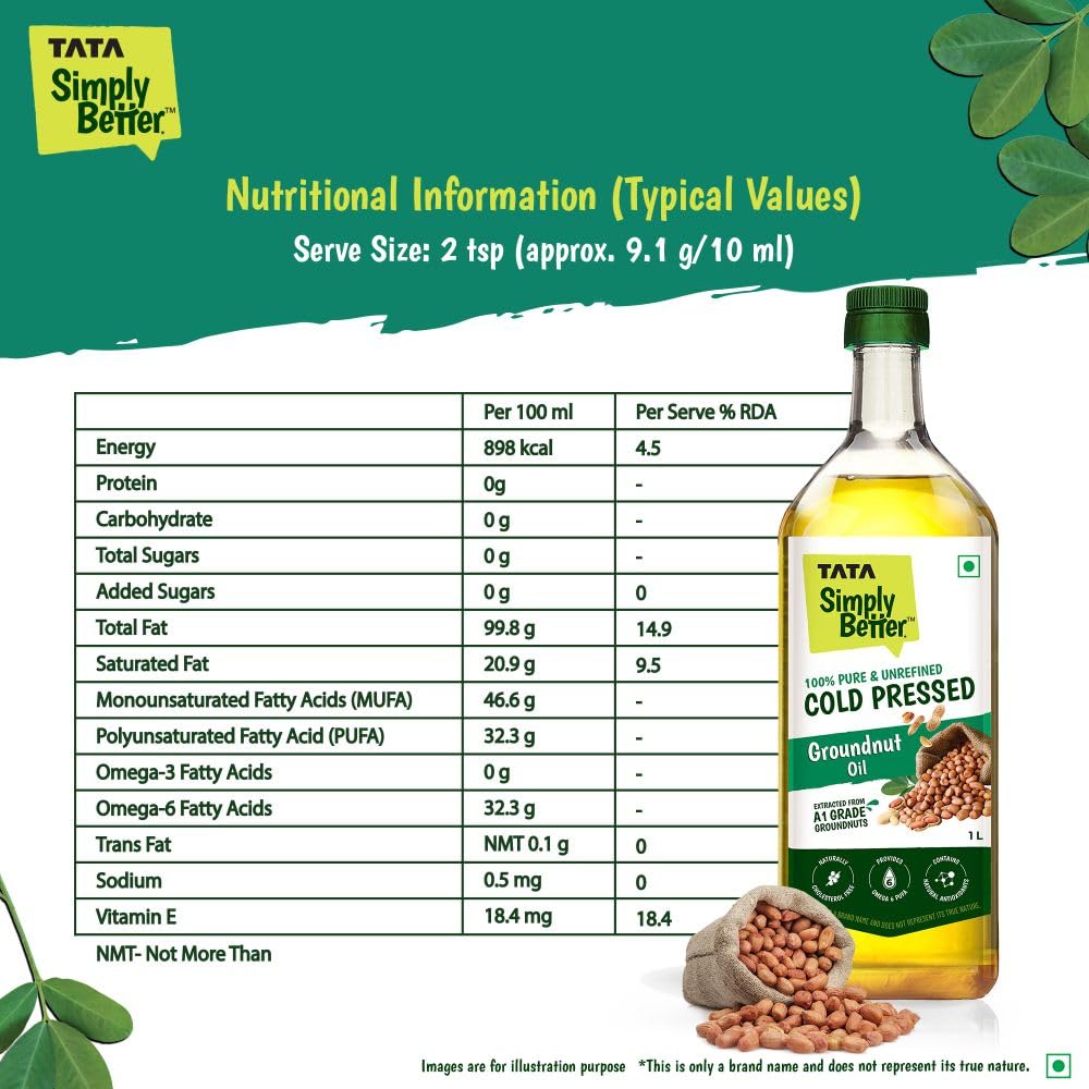 Tata Simply Better Pure & Unrefined Cold Pressed Groundnut (Peanut) Oil,Kolhu/Kacchi Ghani/Mara Chekku/Ganuga,Naturally Cholesterol Free,1L,Groundnut Oil Rich Aroma & Flavour Of Real Groundnuts