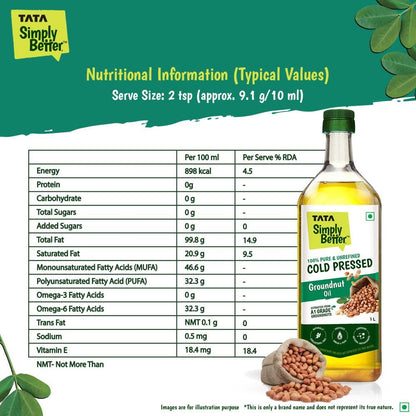 Tata Simply Better Pure & Unrefined Cold Pressed Groundnut (Peanut) Oil,Kolhu/Kacchi Ghani/Mara Chekku/Ganuga,Naturally Cholesterol Free,1L,Groundnut Oil Rich Aroma & Flavour Of Real Groundnuts