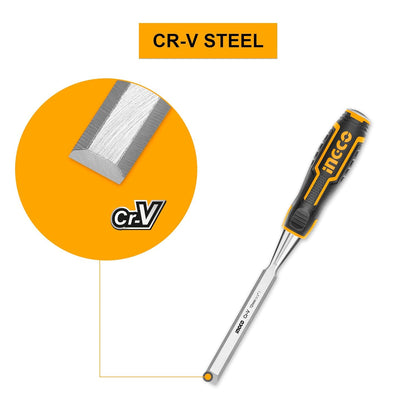 INGCO Wood Chisel, Cr-V | 120mm Width, 15°Bevel Edged, Bi-Material Soft and Shock-Absorbing Grip and Steel Striking Cap Wood Chisel with Hammer End for Woodworking, Carving
