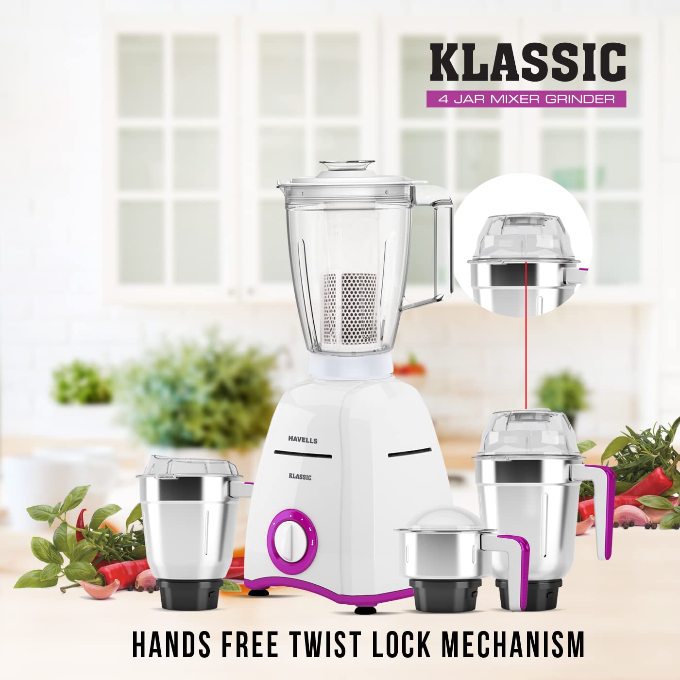 Havells Klassic 750 watts 4 Jar Mixer Grinder with 304 SS Blades, Large Size SS Jars, Break Resistant Polycarbonate Transparent Jar Lids With Twist & Lock Mechanism