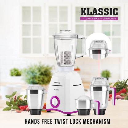 Havells Klassic 750 watts 4 Jar Mixer Grinder with 304 SS Blades, Large Size SS Jars, Break Resistant Polycarbonate Transparent Jar Lids With Twist & Lock Mechanism