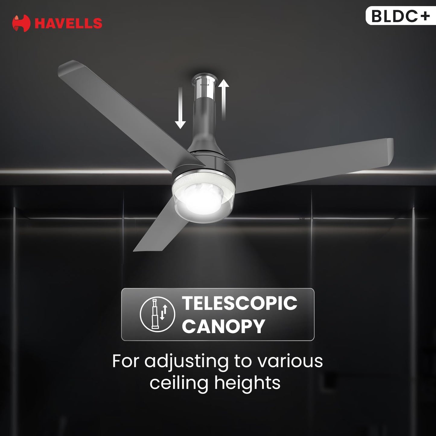 Havells 1200mm Crista Underlight BLDC Ceiling Fan | Remote Controlled, Smart Fan, IoT Enabled, Alexa & Google Home Compatible | 5 Star Rated, Upto 60% Energy Saving, 2 Year Warranty | (Slate Chrome)