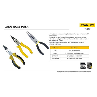 STANLEY 70-483 6'' Sturdy Steel Long Nose Plier Double Color Sleeve, Ergonomically Designed Dynagrip Handle with Finger Guards, Fully Heat Treated Forged Carbon Steel Jaws, Used to Cut Small Wires
