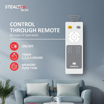 Havells Stealth Air BLDC 1200mm Ceiling Fan| Upto 55% Energy Saving| Silent & Premium| 5 stars Rating| 100% Copper Motor| RF Remote, Memory Backup, Timer| (Indigo Blue, Pack Of 1)