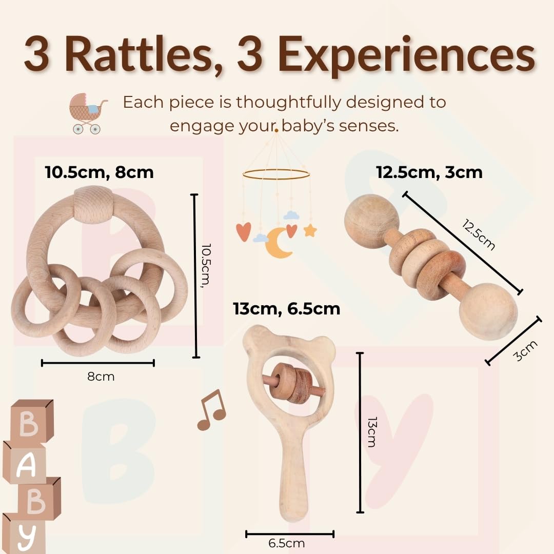 UdrCrafts® Wooden Rattle Set for Babies 0-6 Months, 6-12 Months | New Born Toys | Baby Shower Gifts | New Born Baby Essentials | Rattle Toys (Ring+Dumbbell+Micky Head)
