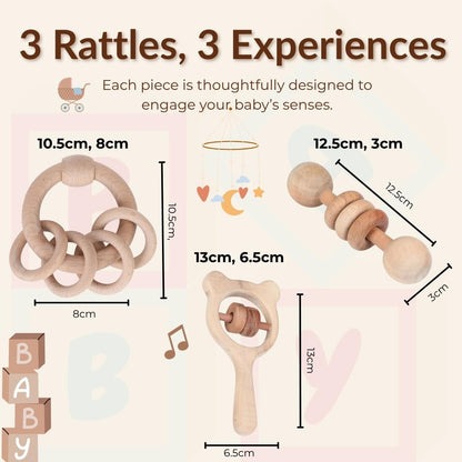 UdrCrafts® Wooden Rattle Set for Babies 0-6 Months, 6-12 Months | New Born Toys | Baby Shower Gifts | New Born Baby Essentials | Rattle Toys (Ring+Dumbbell+Micky Head)