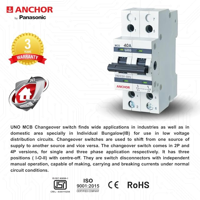 Anchor by Panasonic UNO Series 40 Amp Dual Pole MCB | 2 Pole C Curve MCB | 40A Change Over Switch Circuit Breaker