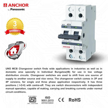 Anchor by Panasonic UNO Series 40 Amp Dual Pole MCB | 2 Pole C Curve MCB | 40A Change Over Switch Circuit Breaker