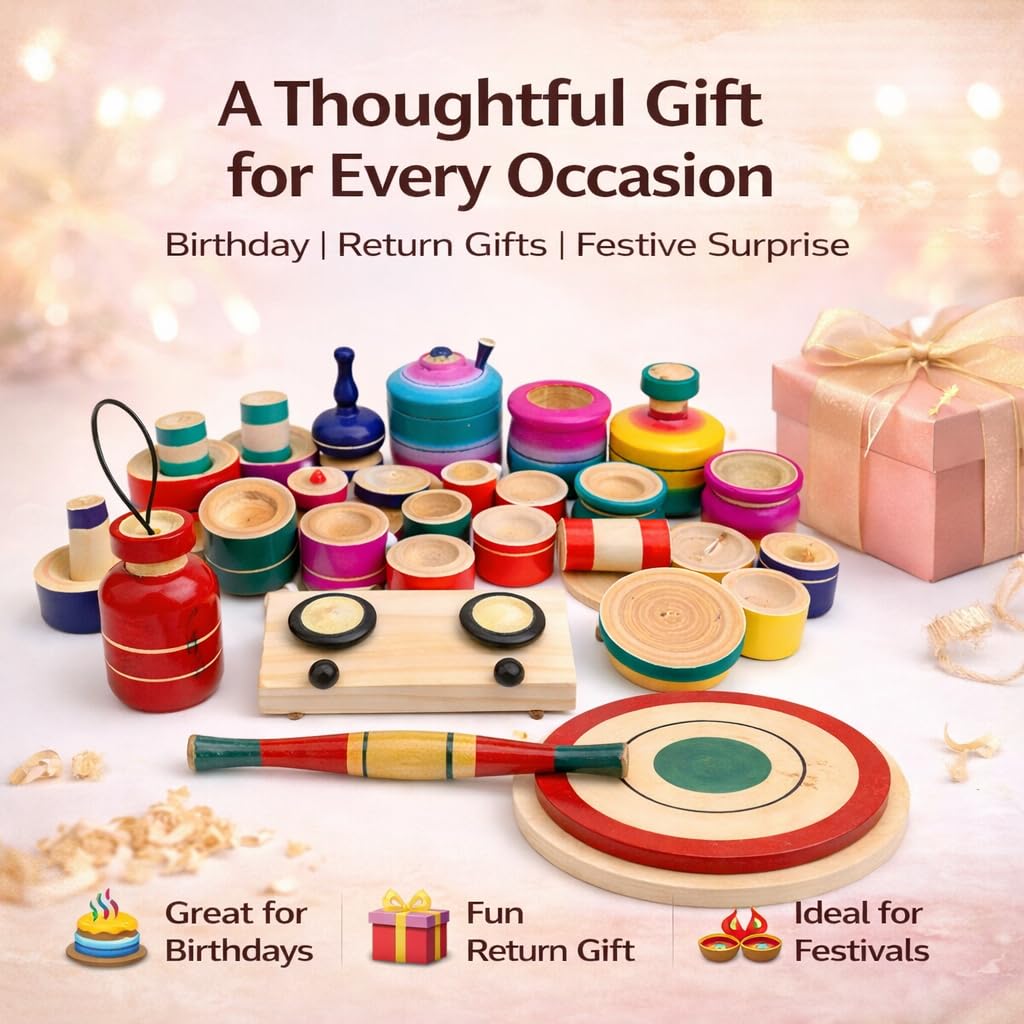 Udaipur HandiCrafts Wood Eco Friendly Wooden Kids Toy Kitchen Set/Choppu Jaman Made In India Kids Gas Stove With Cylinder Combo-Multi Color