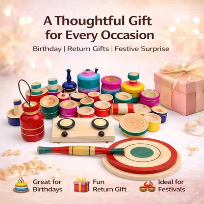 Udaipur HandiCrafts Wood Eco Friendly Wooden Kids Toy Kitchen Set/Choppu Jaman Made In India Kids Gas Stove With Cylinder Combo-Multi Color