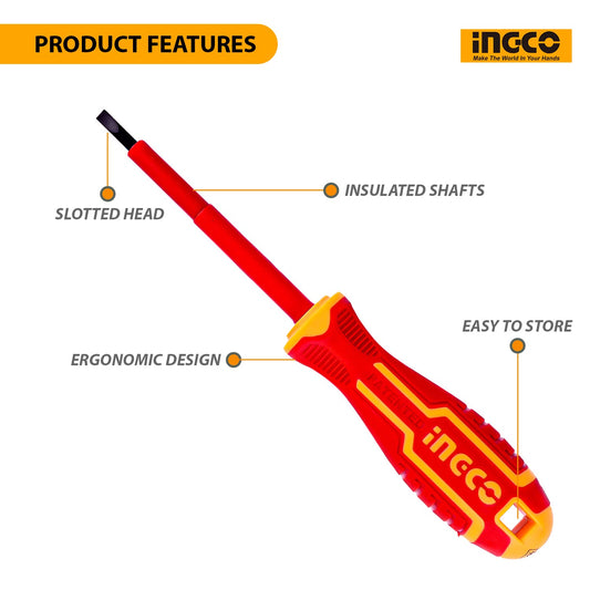 INGCO HISD81PH2100 Insulated Screwdriver 1/4 Inch Repair Tool Cushion Grip Handle Flat Head Tip for Home & Industrial Use Red/Yellow