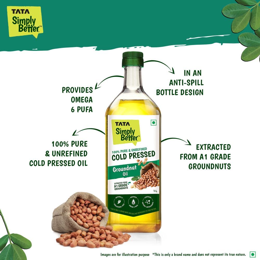 Tata Simply Better Pure & Unrefined Cold Pressed Groundnut (Peanut) Oil,Kolhu/Kacchi Ghani/Mara Chekku/Ganuga,Naturally Cholesterol Free,1L,Groundnut Oil Rich Aroma & Flavour Of Real Groundnuts