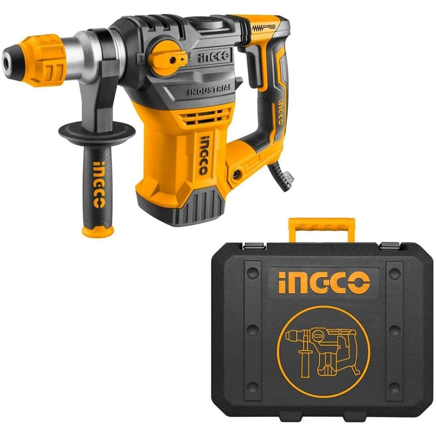 INGCO Rotary Hammer, SDS-Plus Heavy Duty Rotary Hammer Drill | 220 Volts | 1500W | 4400bpm | 5.5J with Vibration Control and Safety Clutch Including 3 drills and 2 chisels with Case, Yellow