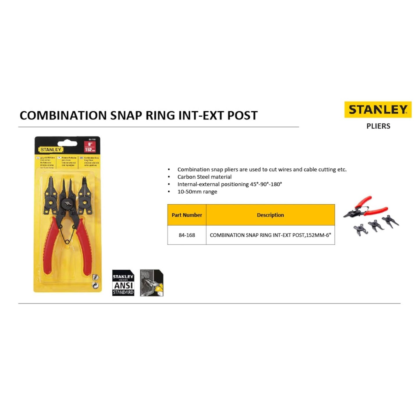 STANLEY 84-168 152mm/6'' Combination Snap Ring Plier (Yellow & Black)