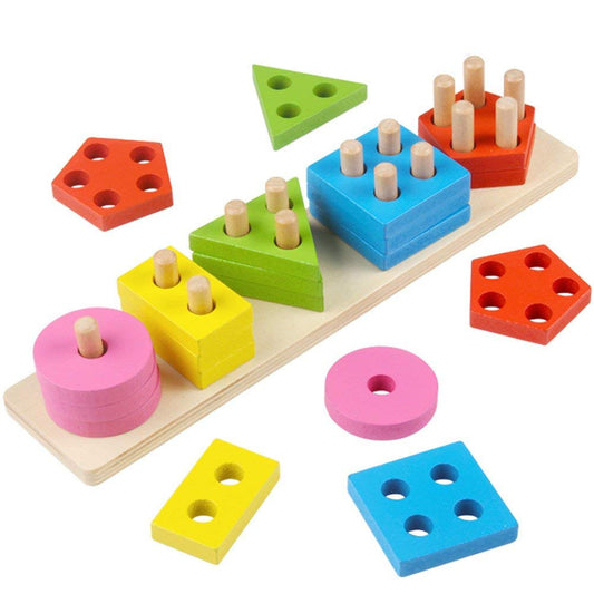 Udaipur HandiCrafts  Kids Wooden Angle Geometric Blocks Stacker Shape Sorter Column Puzzle Stacking Set - 5 Columns