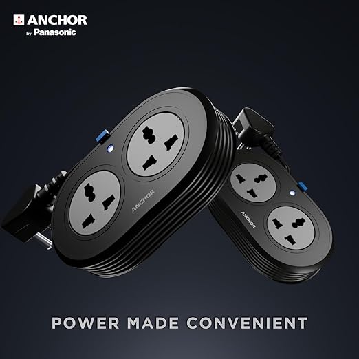 Anchor by Panasonic 2 Universal Socket Extension Board, 6A Spike Guard with 1.2-Meter Heavy Duty Cord for Home and Office Usage, 2 Way Power Strip with LED Indicator, Matt Finish