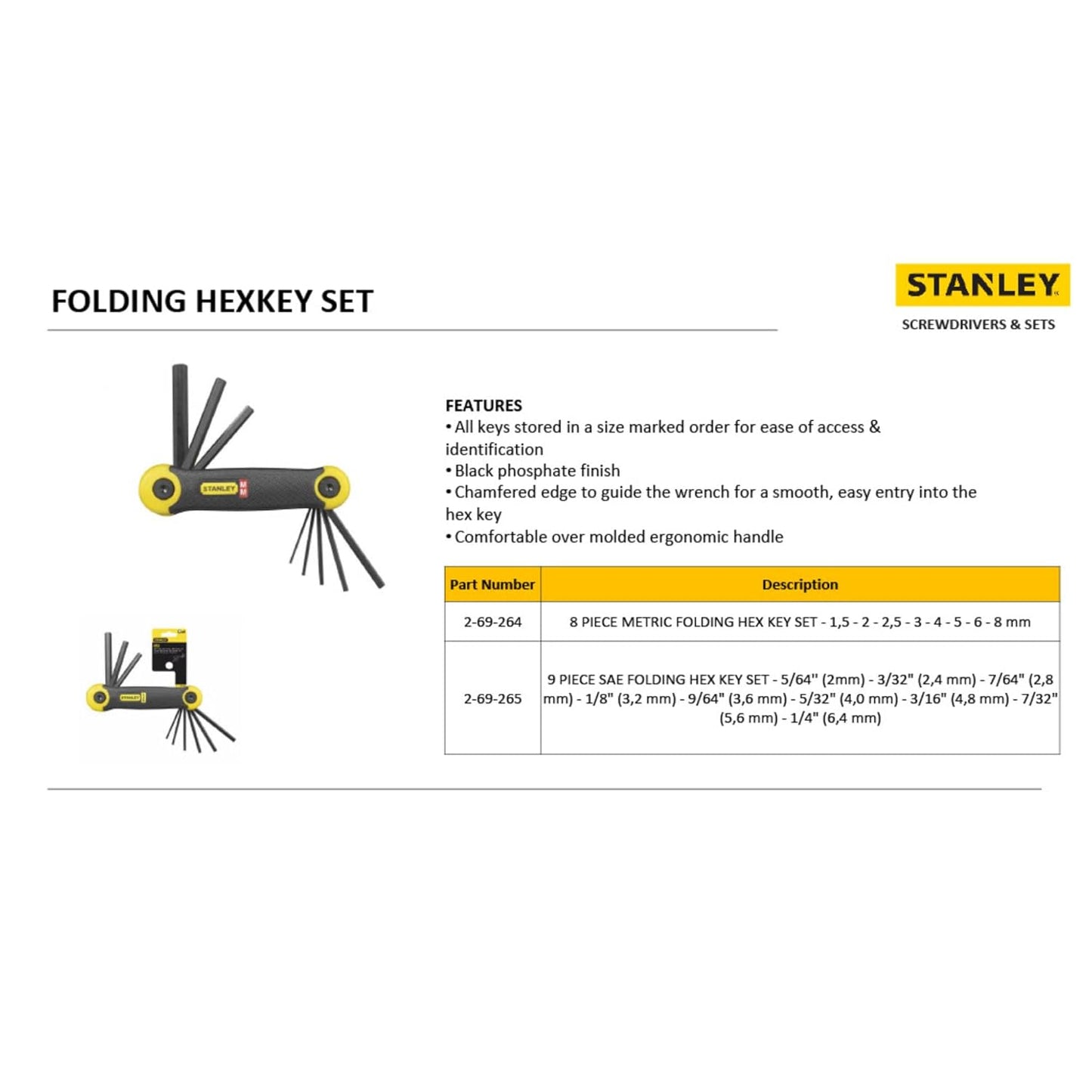 STANLEY 2-69-265 9-Pc. Folding Metric Key Set, Black Phosphate Finish, Chamfered Edge, Comfortable Handle, LxWxH: 16x5x4cm, 0.152 Kg, Keys Stored in Size Marked Order for Easy Access & Identification