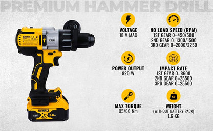 DEWALT DCD996P2 18V 13mm XR Li-ion Premium Cordless Hammer Drill Machine Driver with Brushless Motor with 2x5.0Ah Battery included