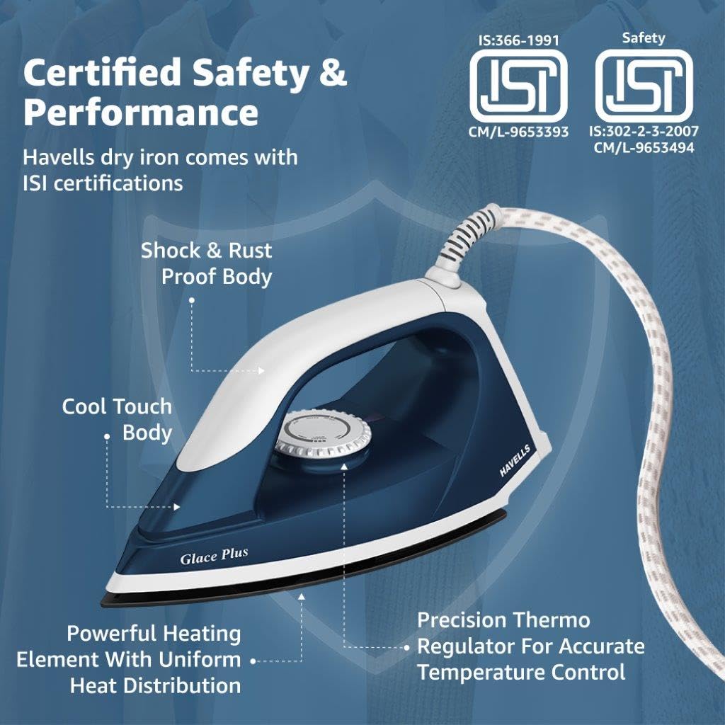 Havells Glace Plus 1000 Watts Dry Iron Press| 2X Non Stick Greblon Coating from Germany| 2X ISI Certified Safety & Performance| Fire Retardant Body| 2 Years Door Step Warranty by Havells (Blue)