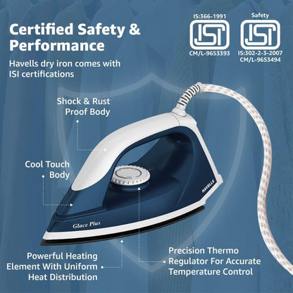 Havells Glace Plus 1000 Watts Dry Iron Press| 2X Non Stick Greblon Coating from Germany| 2X ISI Certified Safety & Performance| Fire Retardant Body| 2 Years Door Step Warranty by Havells (Blue)