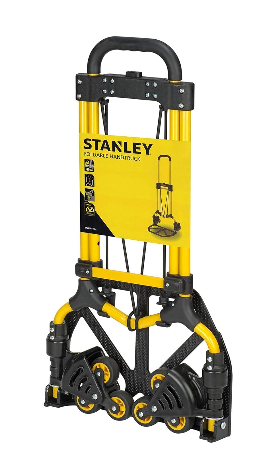STANLEY SXWT-FT584-SP Folding Handtruck, 30/60kg Load Capacity, Adjustable TPR Grip Handle, Comes with a Bungee Cord, 2" Stair Climber Wheels, Open Dimn: 41x41x102 cm,Folded Dimn: 39x67x72.5 cm