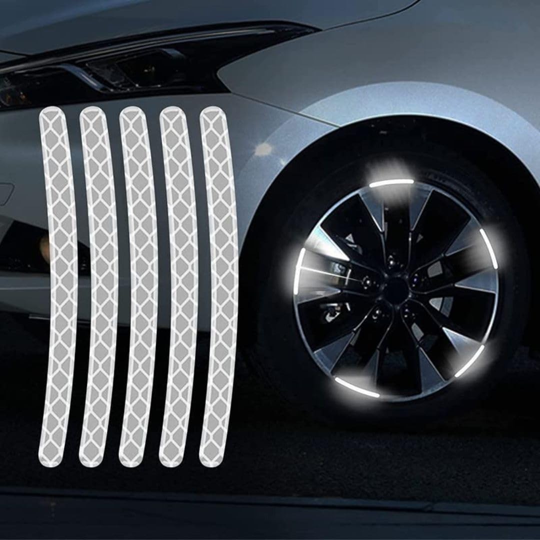 Akshar Arts Bhuwana 20 Pcs | Universal Reflective Stickers for Night Safety Warning | Car, Bike, Motor Cycle Wheel Rim Anti-Scratch Stripes | Decals | White | Compatible with All Cars and SUVs