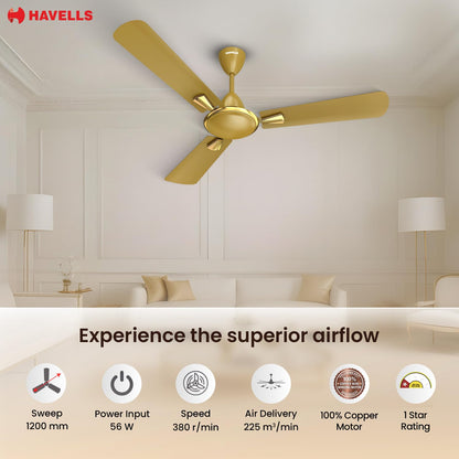 Havells Quickair 1200mm Ceiling Fan, High-Speed, Energy Efficient & Silent Operation with Modern Design, Ideal for Bedrooms | 2 Years Manufacturer Warranty | Desert Gold