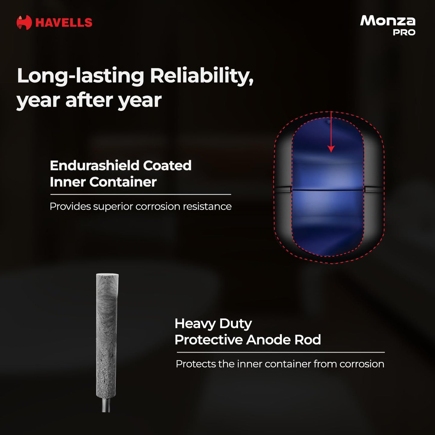 Havells Monza Pro 15L Storage Water Heater(Geyser)|Faster Heating|Safer to use|Saves electricity|Engineered for Hard Water|Endurashield Coated Anti Rust Tank|Whirlflow Technology|High Rise suitable