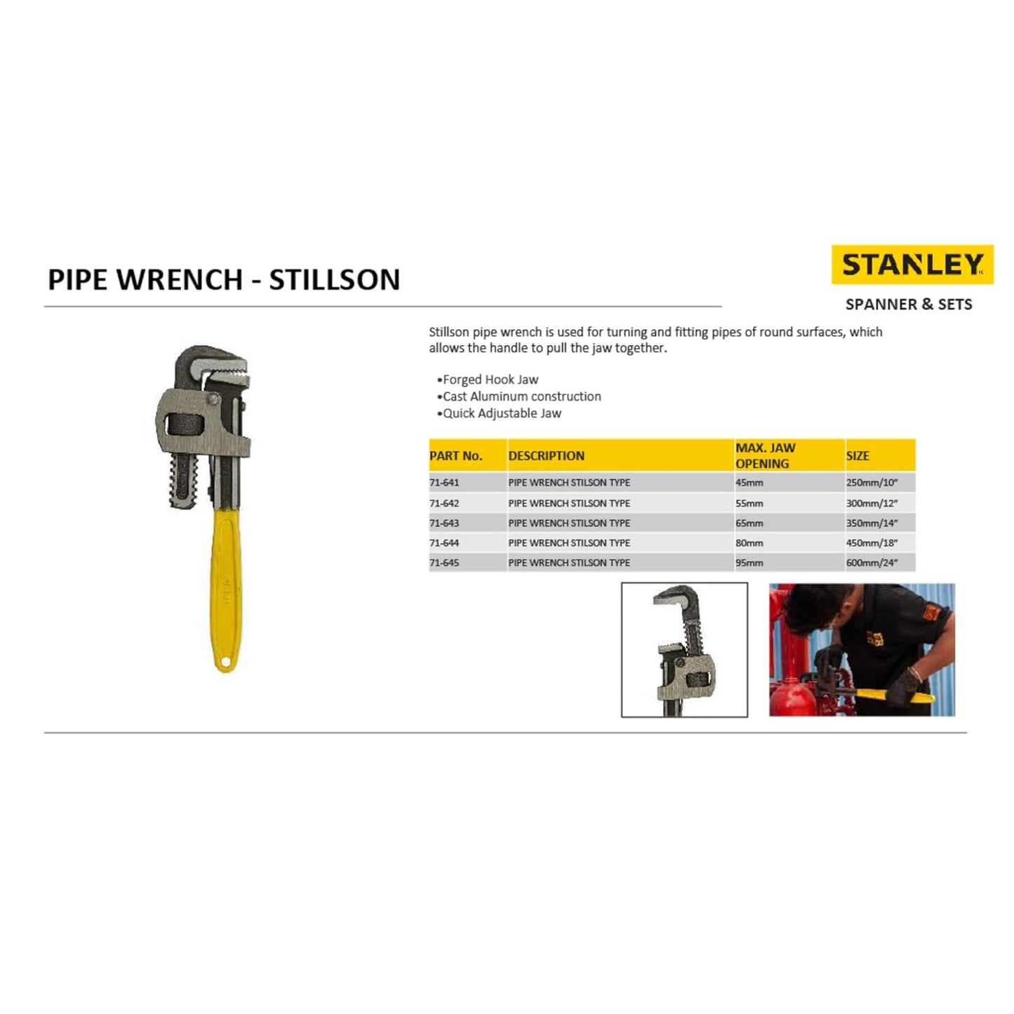 STANLEY 71-641 10''/250mm Stilson Type Pipe Wrench (Yellow & Black)