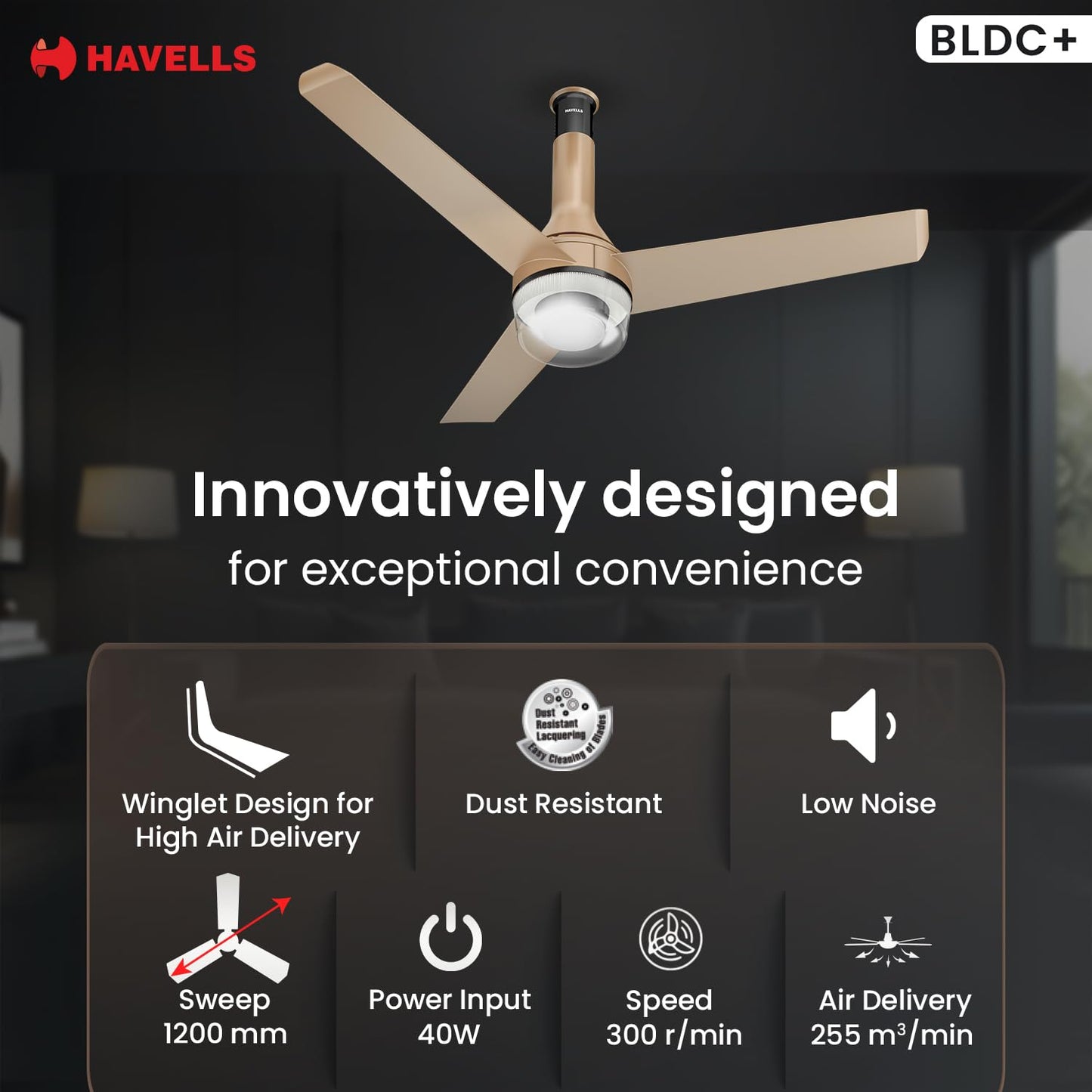 Havells 1200mm Crista Underlight BLDC Ceiling Fan | Remote Controlled, Smart Fan, IoT Enabled, Alexa & Google Home Compatible | 5 Star Rated, Upto 60% Energy Saving, 2 Year Warranty | (Champagne Cola)
