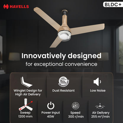 Havells 1200mm Crista Underlight BLDC Ceiling Fan | Remote Controlled, Smart Fan, IoT Enabled, Alexa & Google Home Compatible | 5 Star Rated, Upto 60% Energy Saving, 2 Year Warranty | (Champagne Cola)