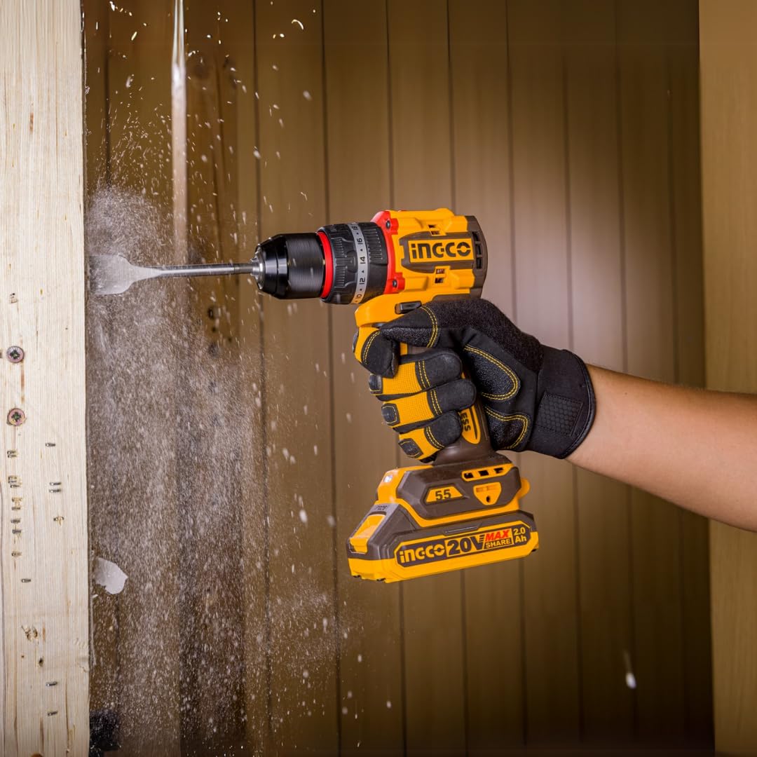 Ingco 20V Cordless Impact Drill, Brushless Motor, 55Nm Torque, 2x2.0Ah Batteries, 50pc Drill Bits Set, Carrying Case, Yellow