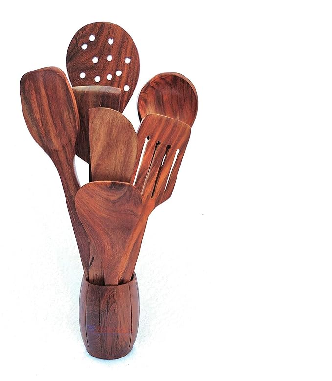 Udaipur Handicrafts Wooden Spoon for Cooking and Serving (Set of 7 (with Holder))