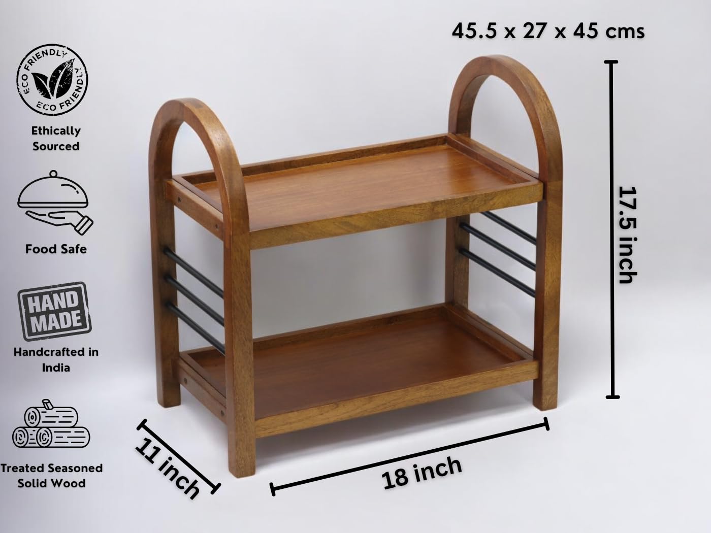 Udaipur Handicrafts Wooden Organizer Rack Stand for Kitchen, Bathroom, Countertop & Office | Mango Wood & Iron Storage Shelf with Dual Shelves for Spices, Toiletries, Books & Decor | 45.5 x 27 x 45 cm