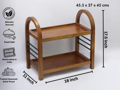 Udaipur Handicrafts Wooden Organizer Rack Stand for Kitchen, Bathroom, Countertop & Office | Mango Wood & Iron Storage Shelf with Dual Shelves for Spices, Toiletries, Books & Decor | 45.5 x 27 x 45 cm