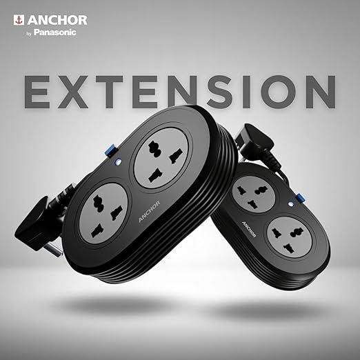 Anchor by Panasonic 2 Universal Socket Extension Board, 6A Spike Guard with 1.2-Meter Heavy Duty Cord for Home and Office Usage, 2 Way Power Strip with LED Indicator, Matt Finish