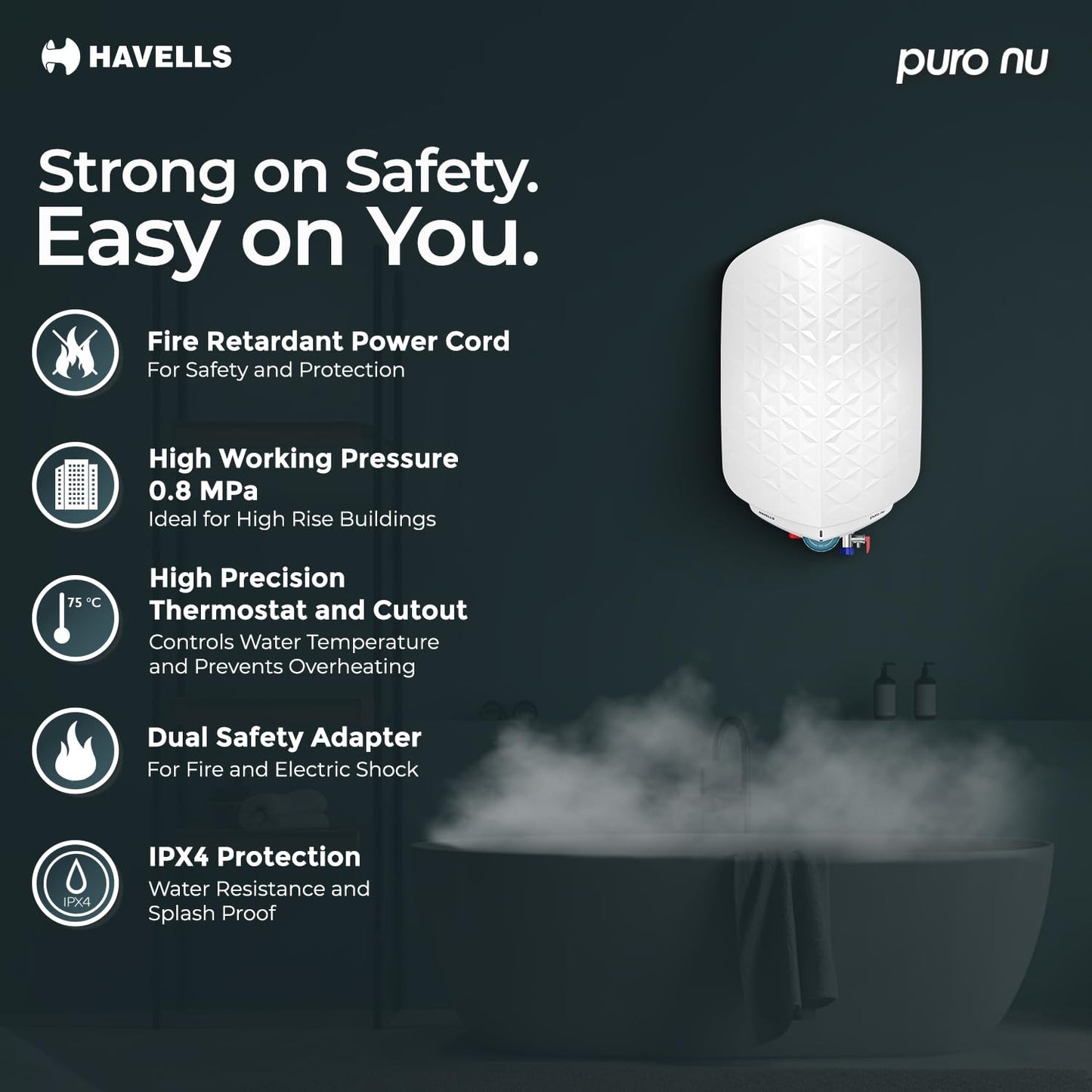 Havells Puro Nu 15L Storage Water Heater(Geyser)|Faster Heating|Safer to use|Saves electricity|Engineered for Hard Water|Glass Coated Anti Rust Tank|Whirlflow Technology|Jog Dial Temp. setting knob